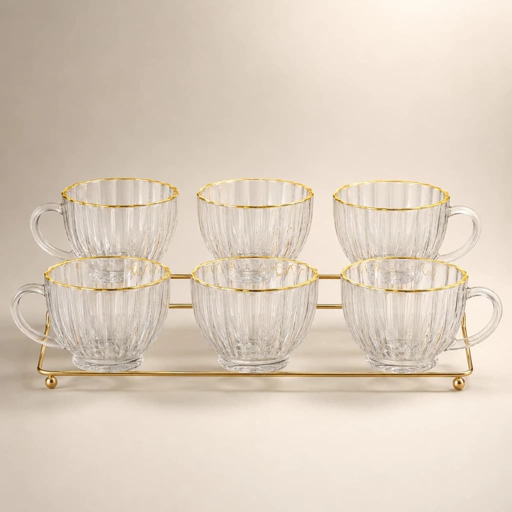 Jogo 6 Xícaras Café e Cha 100ml De Vidro Borda Fio De Ouro Elegante