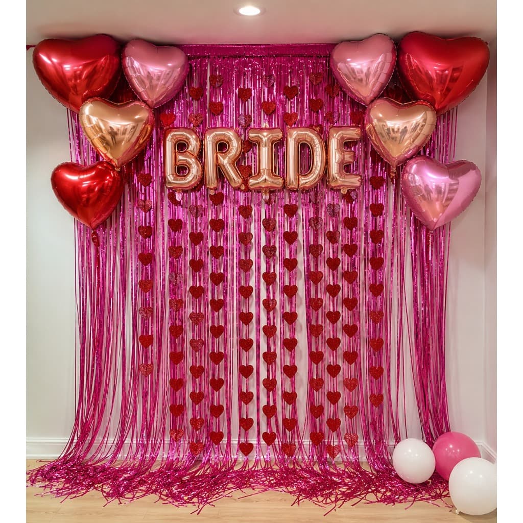 Decoração Completa Kit Cortina Metalizada Balão Coração BRIDE Despedida de Solteira Noite das Meninas