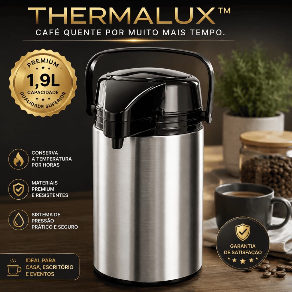 🔥 Garrafa Térmica Inox 1,9 Litros ThermaLux™ Com Pressão Mantém Café Quente Por Horas Premium 🔥
