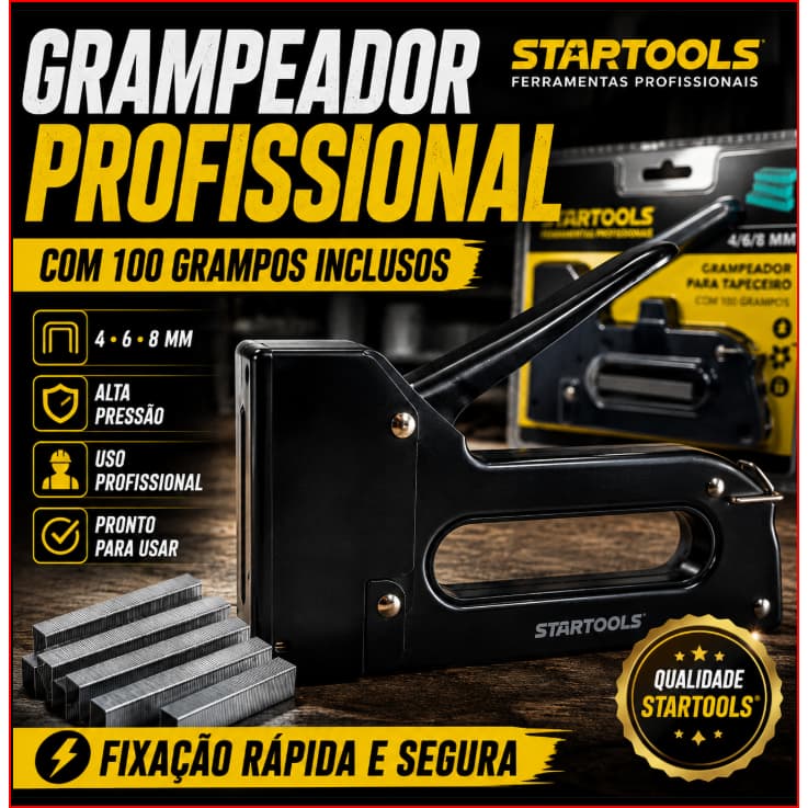 Grampeador Industrial Resistente Com 100 Grampos Metalicos 8mm Tapeceiro Estofador Preto