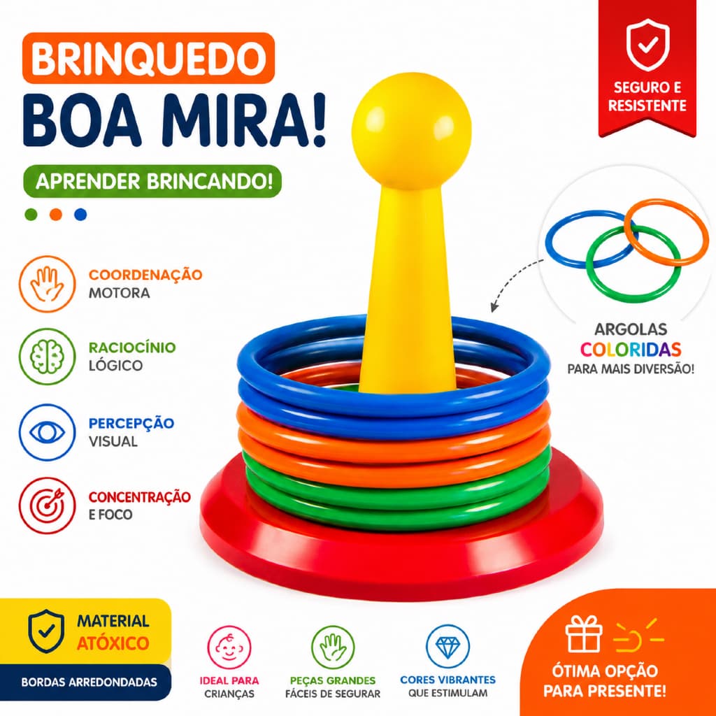 Brinquedo Educativo Empilha Argolas Coloridas Para Bebê Montessori Coordenação Motora