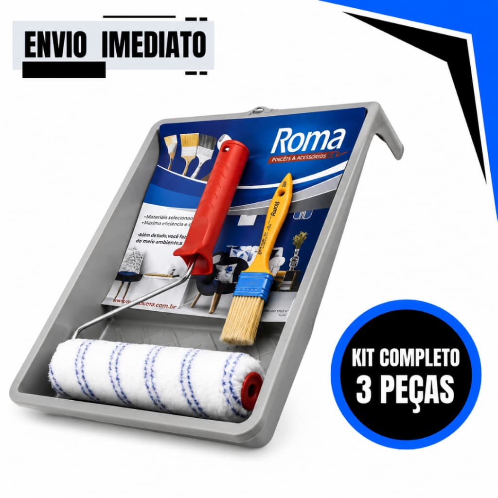 Kit Pintura 3 Peças Roma Pincéis e Rolo de Pintura Profissional Madeira Parede e Teto