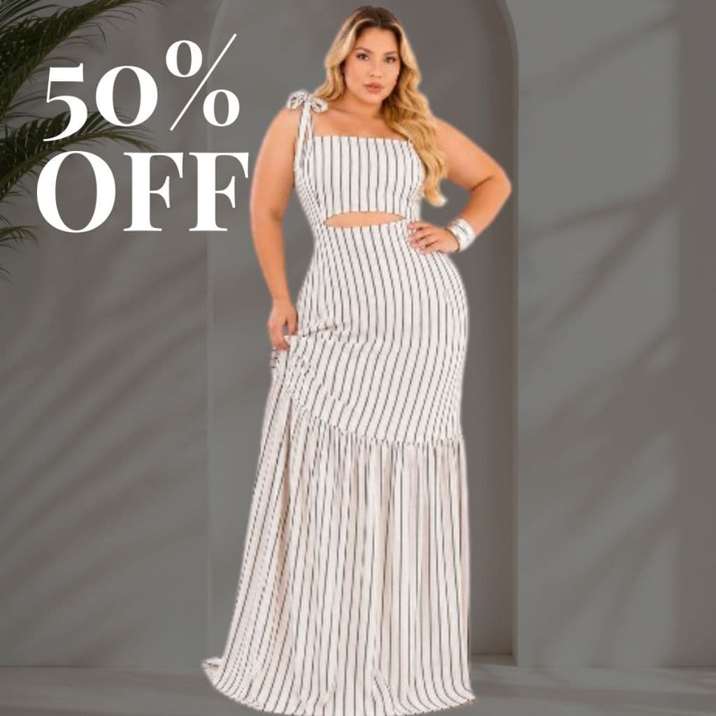 Vestido Longo Listrado Plus Size Moda Maior Alça Amarrar Recorte Saia Longa 1 Maria Elegante Confortável Chic 44-56.