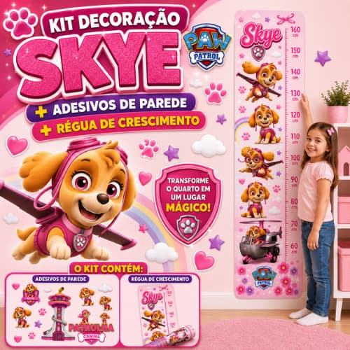 Kit SKYE Adesivo De Parede + Régua De Crescimento Infantil Decoração Quarto Menina Completo Patrulha Canina