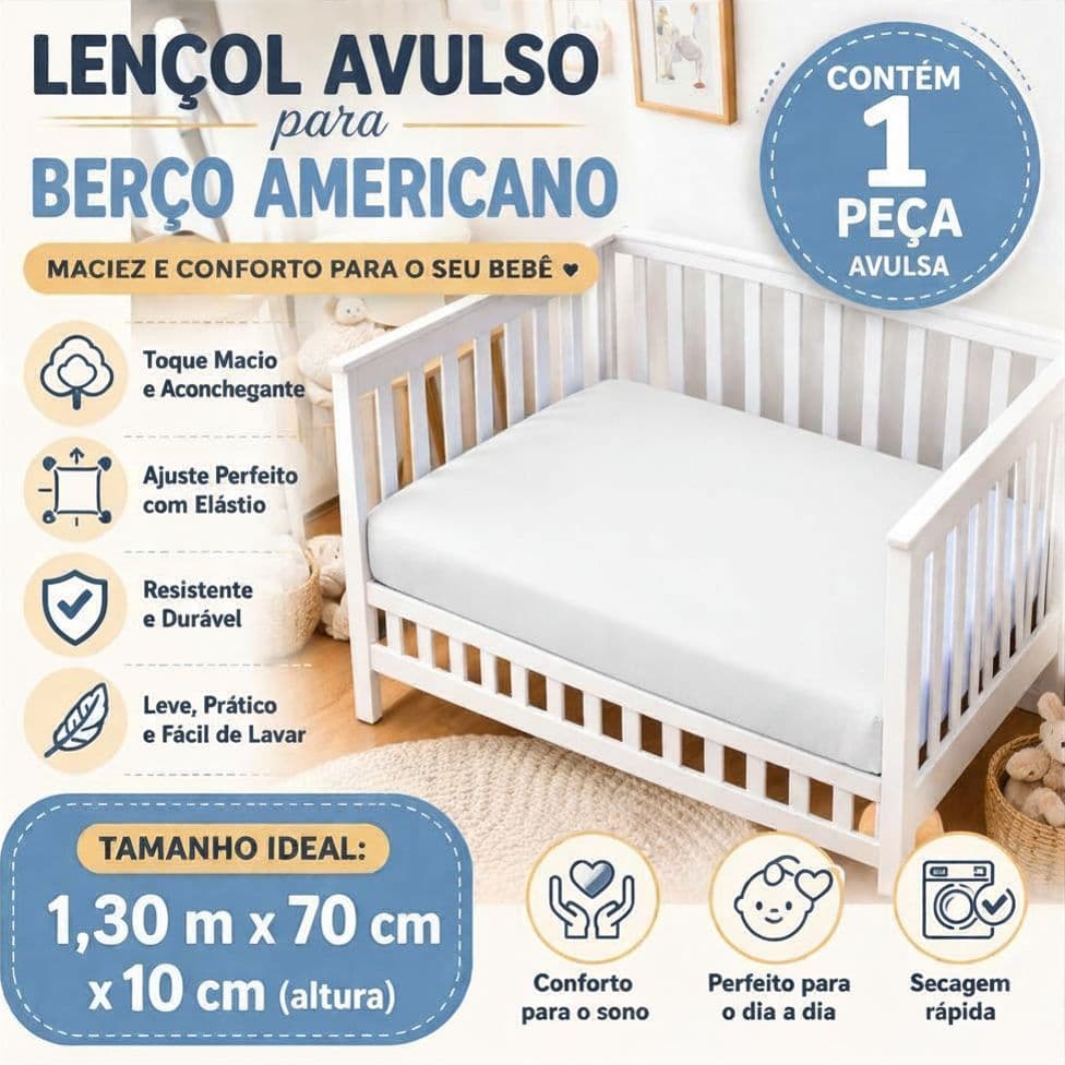 Lençol Avulso de Berço Americano com Elástico 100% Poliéster 130x70cm