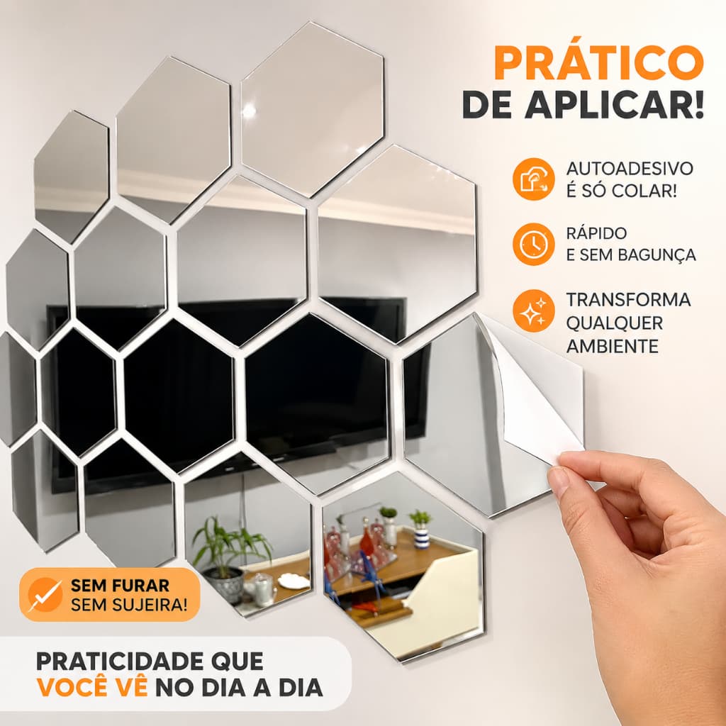 Kit 10 Espelhos Hexagonais Acrílico Decorativo adesivo Parede Sala Quarto Sem Furar Fácil Instalação