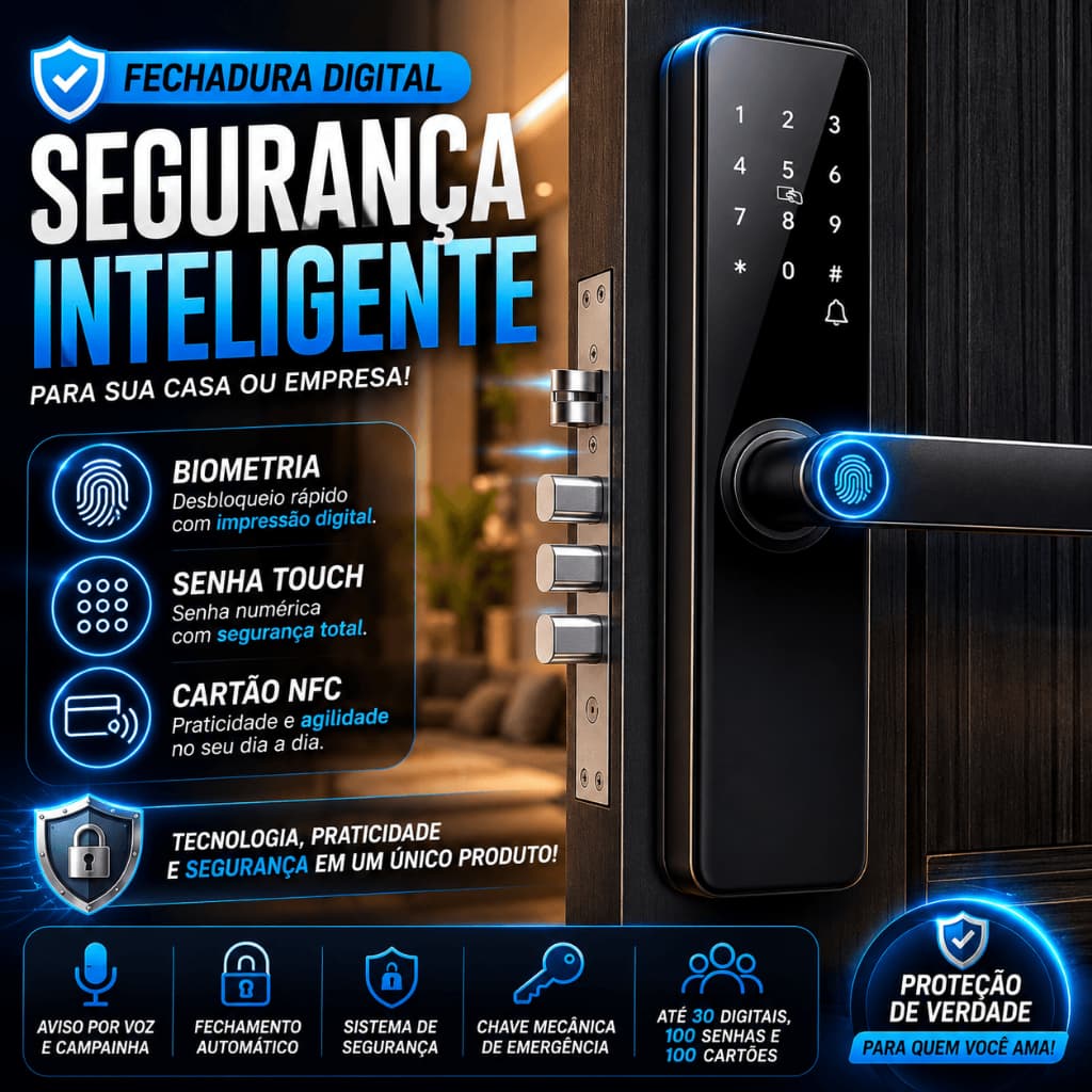 Fechadura Digital Biométrica Touch Eletrônica NFC Senha Cartão Inteligente Para Porta