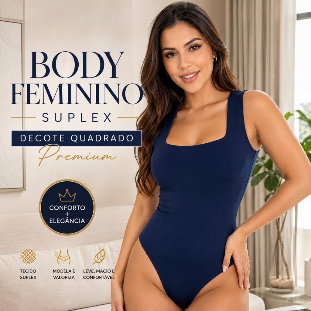 Body Feminino Regata Decote Quadrado Suplex Alça Larga Forro Duplo Modelador Elegante Tamanho Único