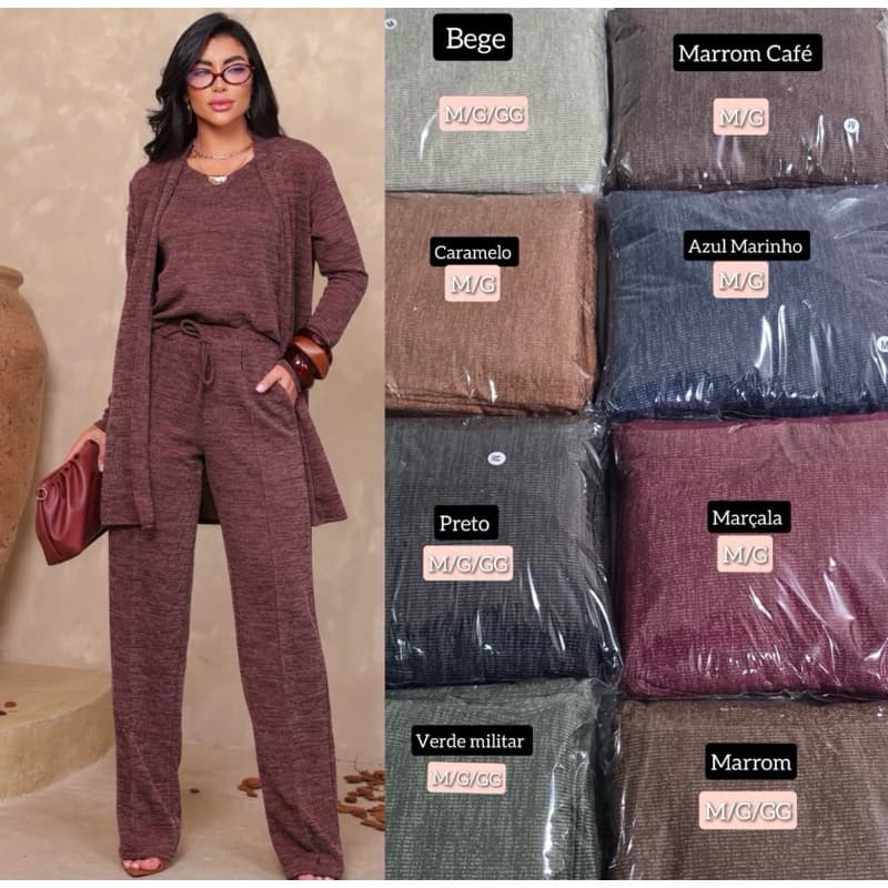 Conjunto feminino lãnzinha 3 peças cardigan calca pantalona regata confortável lançamento
