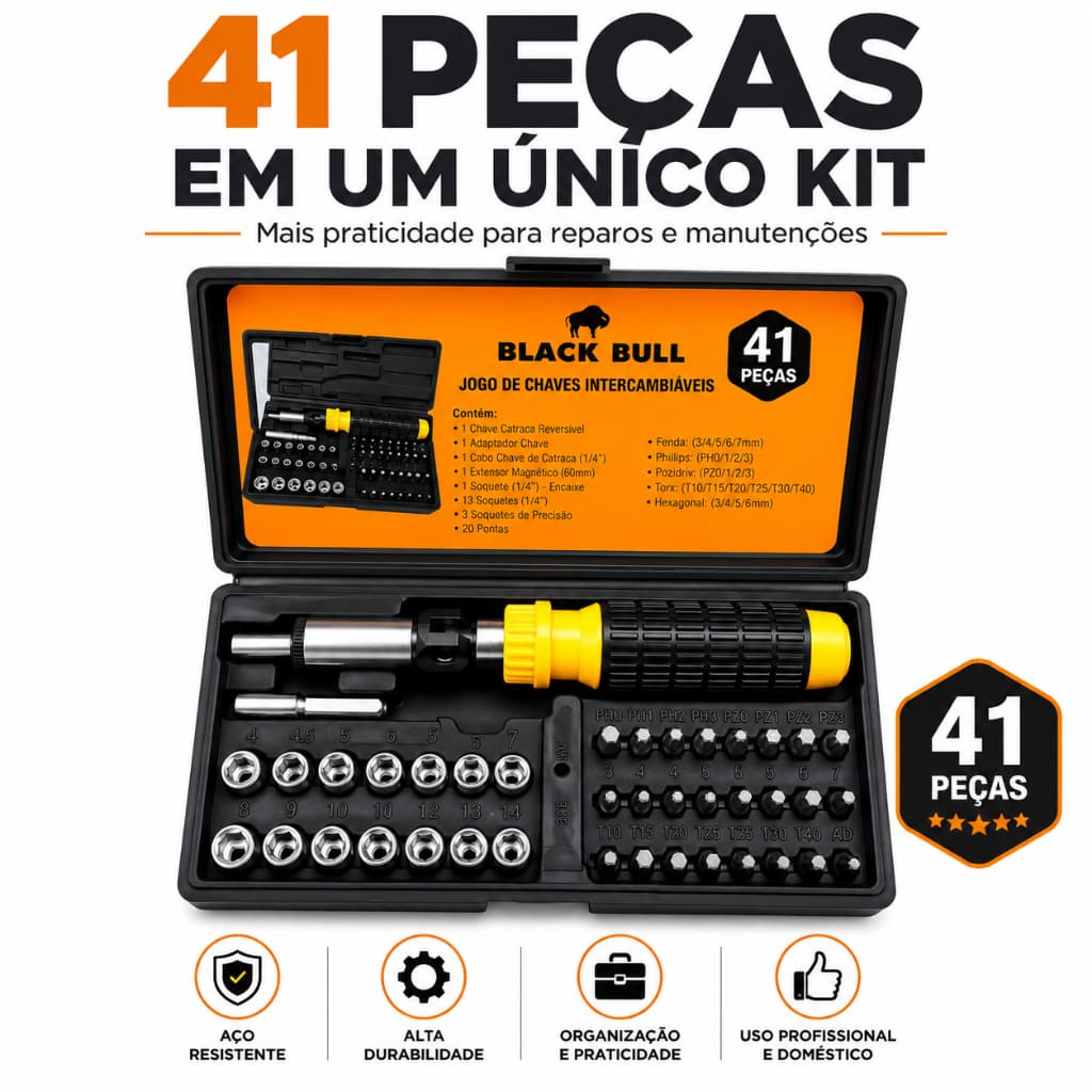 Jogo Chaves Intercambiáveis 41 Peças Ferramentas Manutenção Reparos Profissional Doméstico