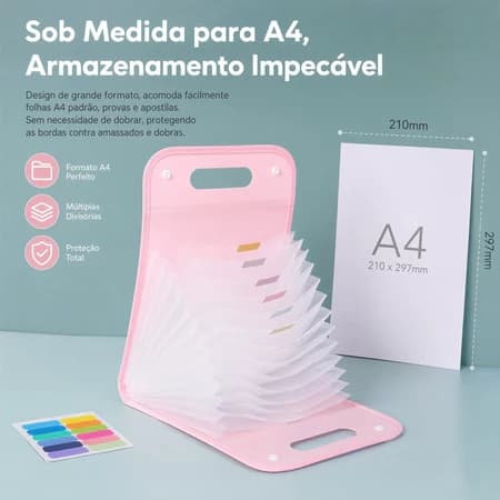 Pasta Sanfonada A4 12 Divisórias Organizadora de Documentos Expansível Cores Rosa Branco Azul Verde