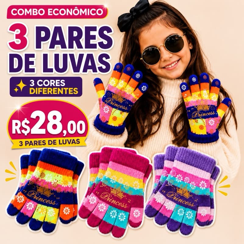 Kit 3 Pares de Luvas Infantis Coloridas Inverno Menina Sortidas