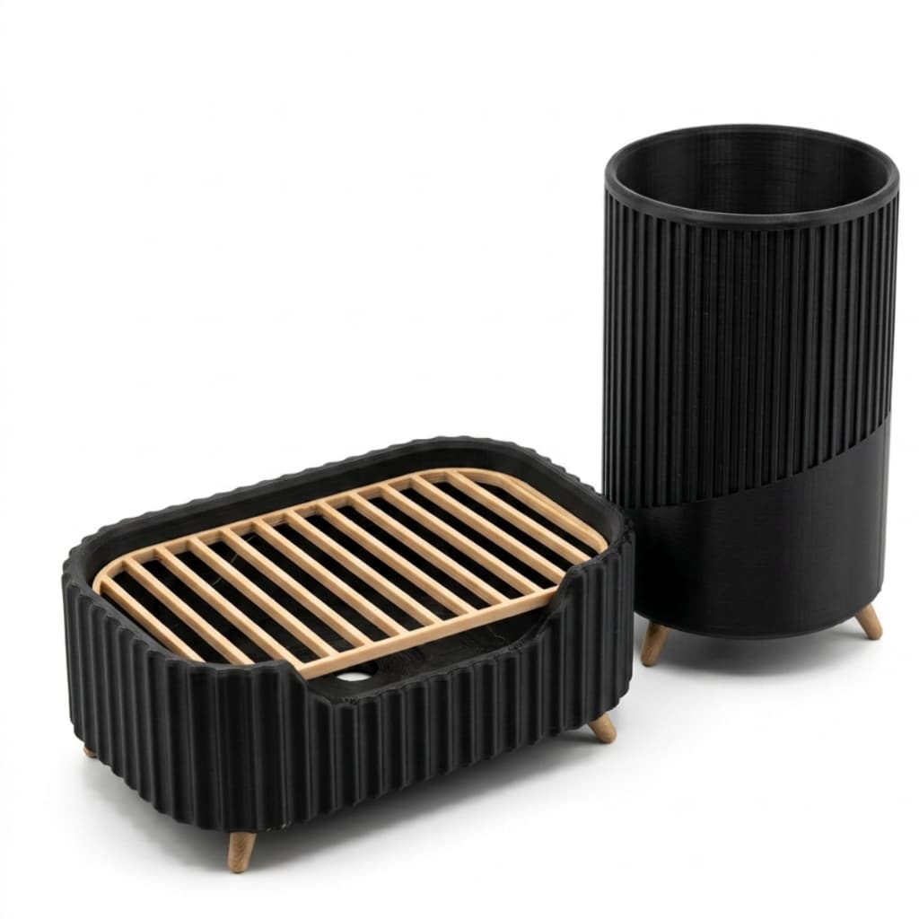 Conjunto Banheiro 2 Peças Saboneteira + Porta Escova Dental Preto Premium Drenagem Inteligente Grade Removível