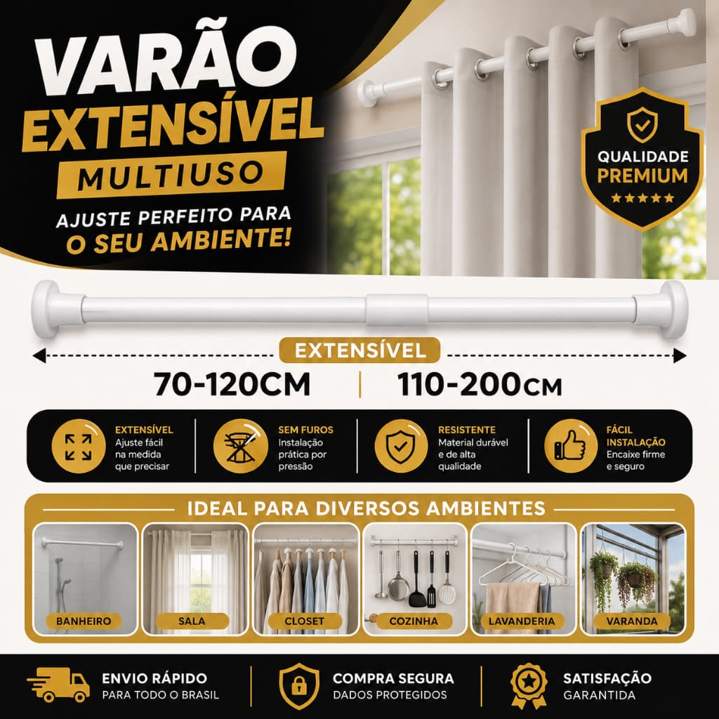 Varão de cortina Ajustável 70cm até 2,0mt Bastão Extensivel Box Banheiro Multiuso Suporte Extensor