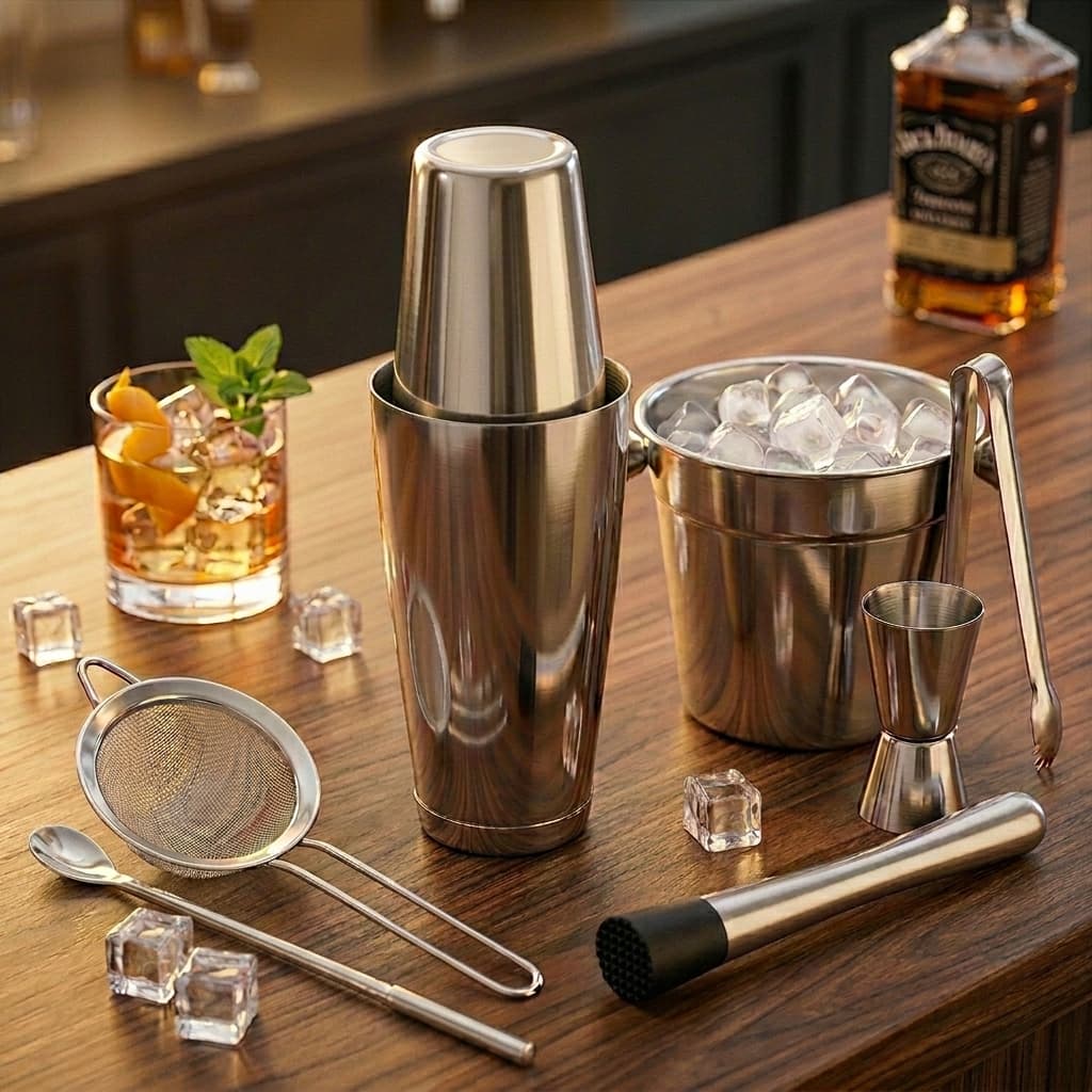 Kit Bartender Completo 7 Peças em Inox - Coqueteleira, Balde de Gelo e Dosador | Envio Imediato
