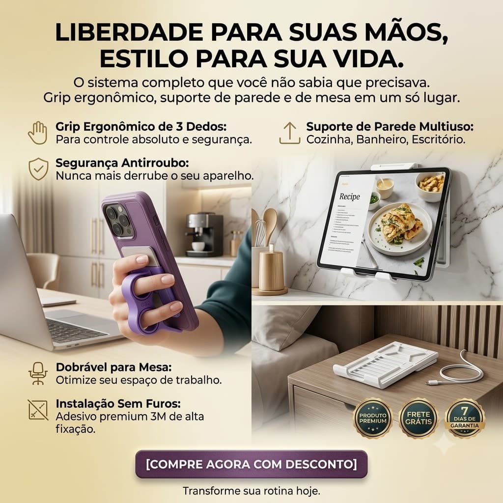 SUPORTE DE CELULAR 2 EM 1 MULTIFUNCIONAL + GRIP DE SEGURANÇA | SUPORTE DE MESA E PAREDE