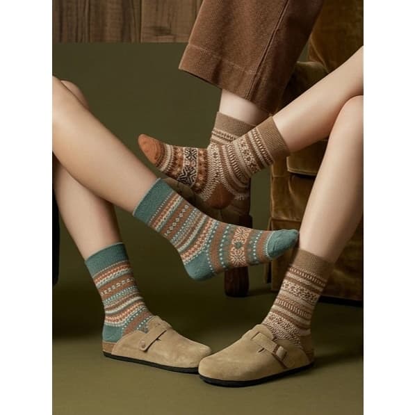 Kit 6-15 Pares Meia Cano Alto Feminina Algodão Inverno Estampa Étnica Retrô Vintage Confortável Para Mule Birken