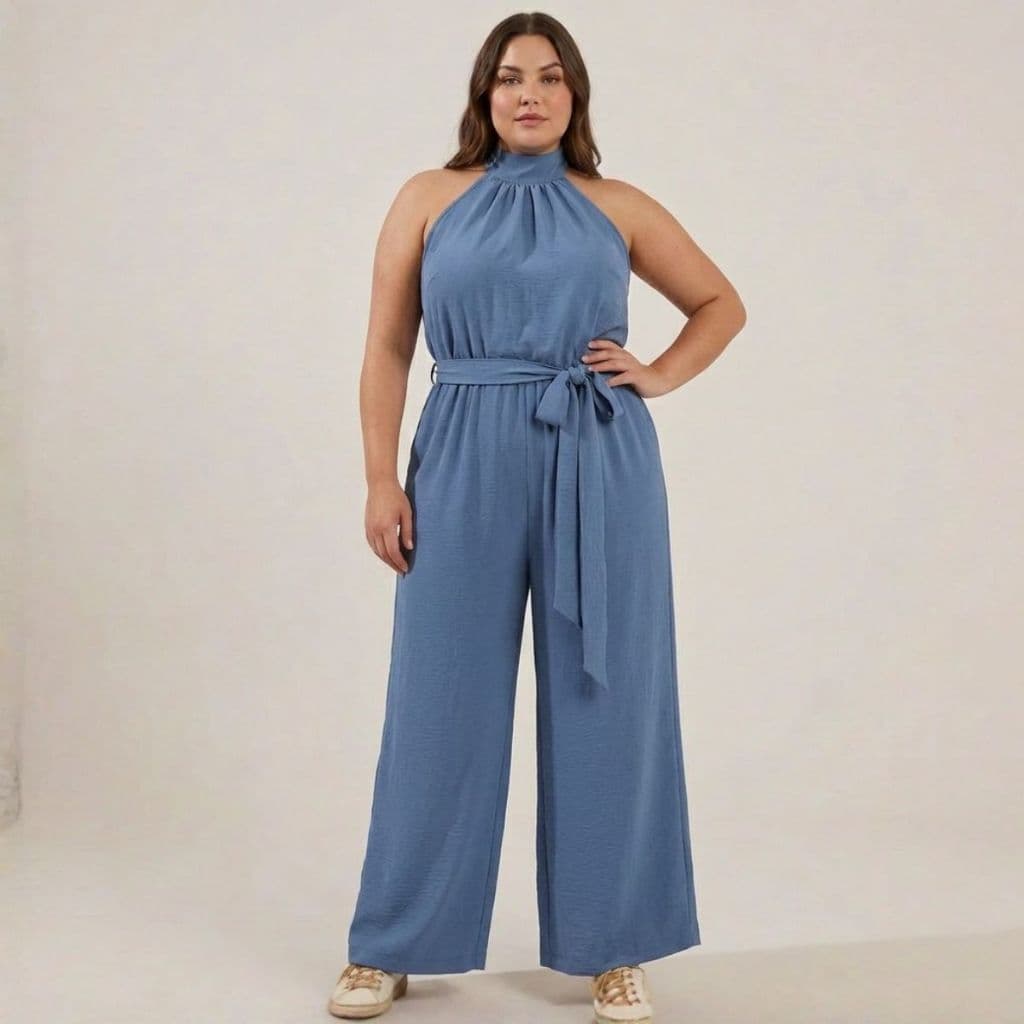 Macacão Feminino Plus Size Pantalona Duna Com Amarração na Cintura Moda Elegante