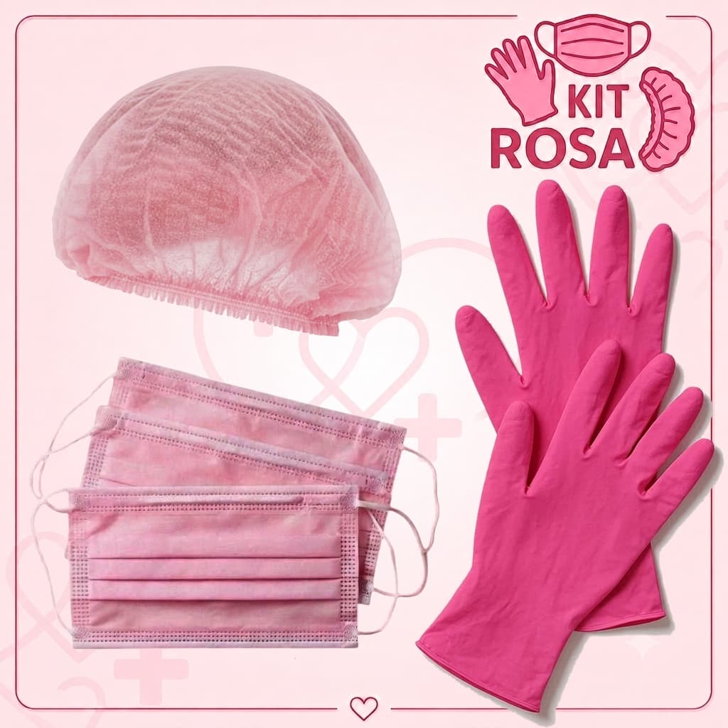 Kit 10 Luva Nitrílica + Touca + Mascara Tripla Rosa Descartável TNT com ANVISA