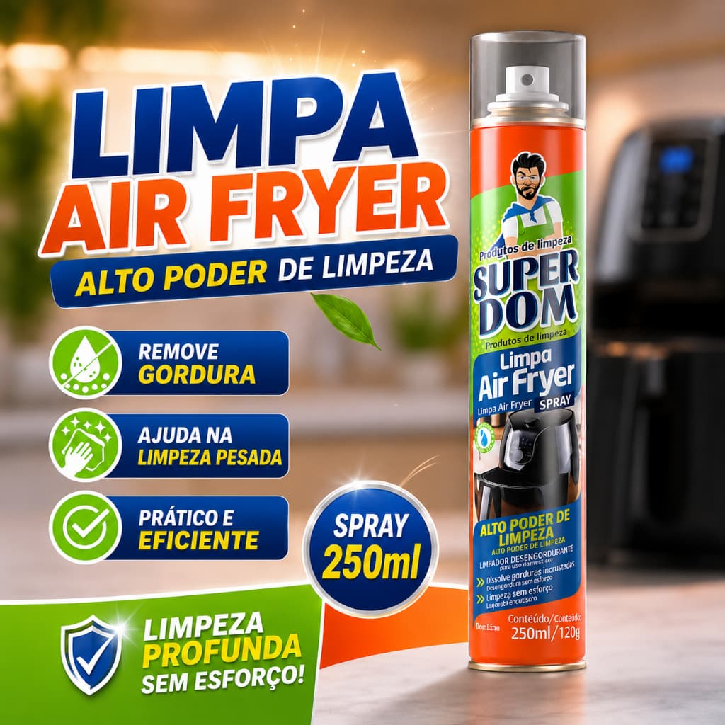 Spray Limpa Air Fryer Super Dom 250 ml Remove Gordura Pesada Limpeza Profunda Sem Esforço Uso Diário