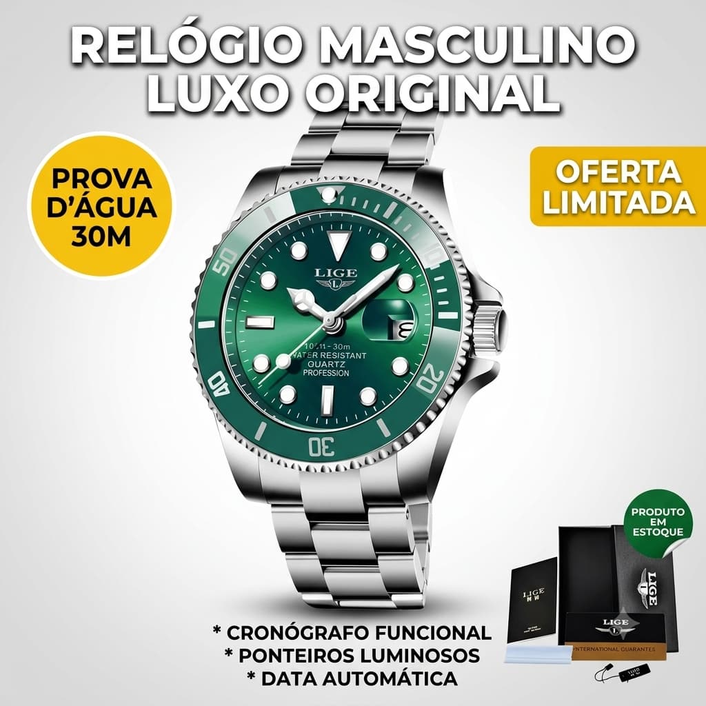 Relógio Masculino Lige Submariner Aço Inoxidável Cronógrafo Luxo Premium - Prova D'água + Caixa