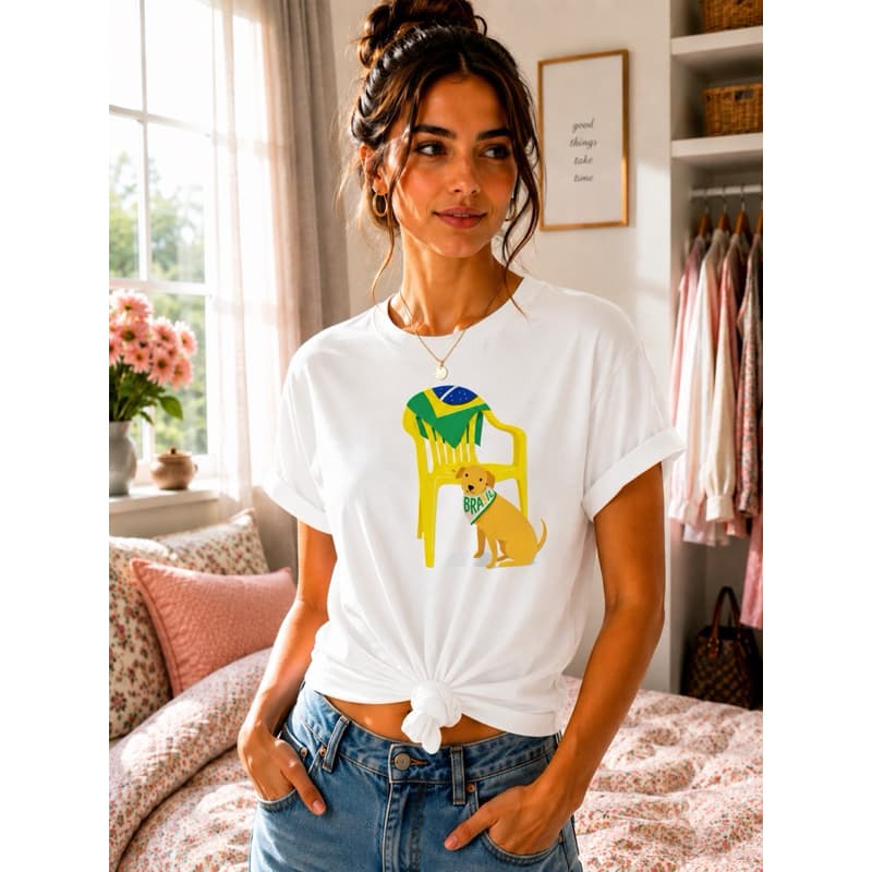 Camiseta Unissex Estampa Cachorro BRASIL Copa Do Mundo 2026 Algodão Conforto Casual Verão Dia a Dia