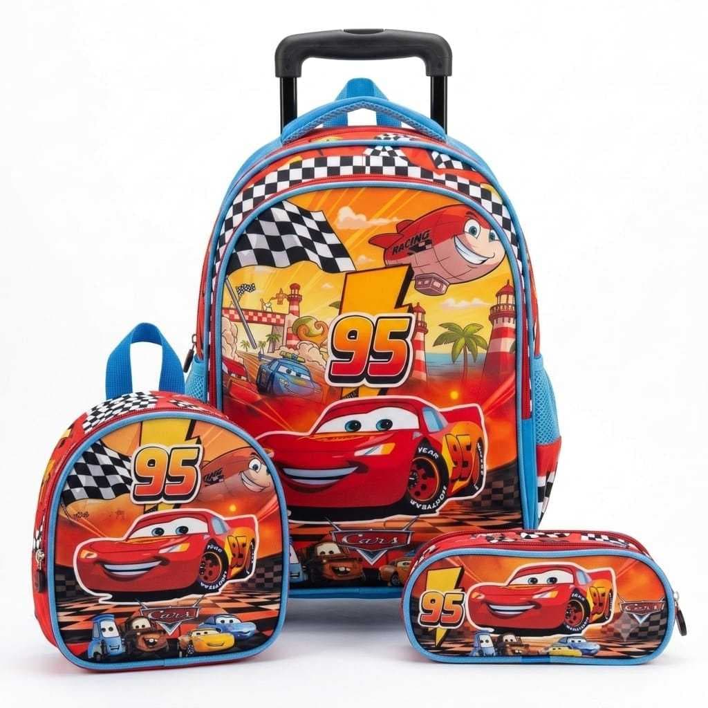 Kit Mochila Escolar Com Rodinha, MCQUEEN, Estojo Lancheira