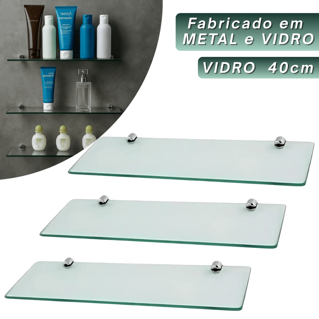 Kit 3 Prateleiras de Vidro Porta Shampoo 40cm Banheiro Fixação Dupla de Parede/Lavanderia