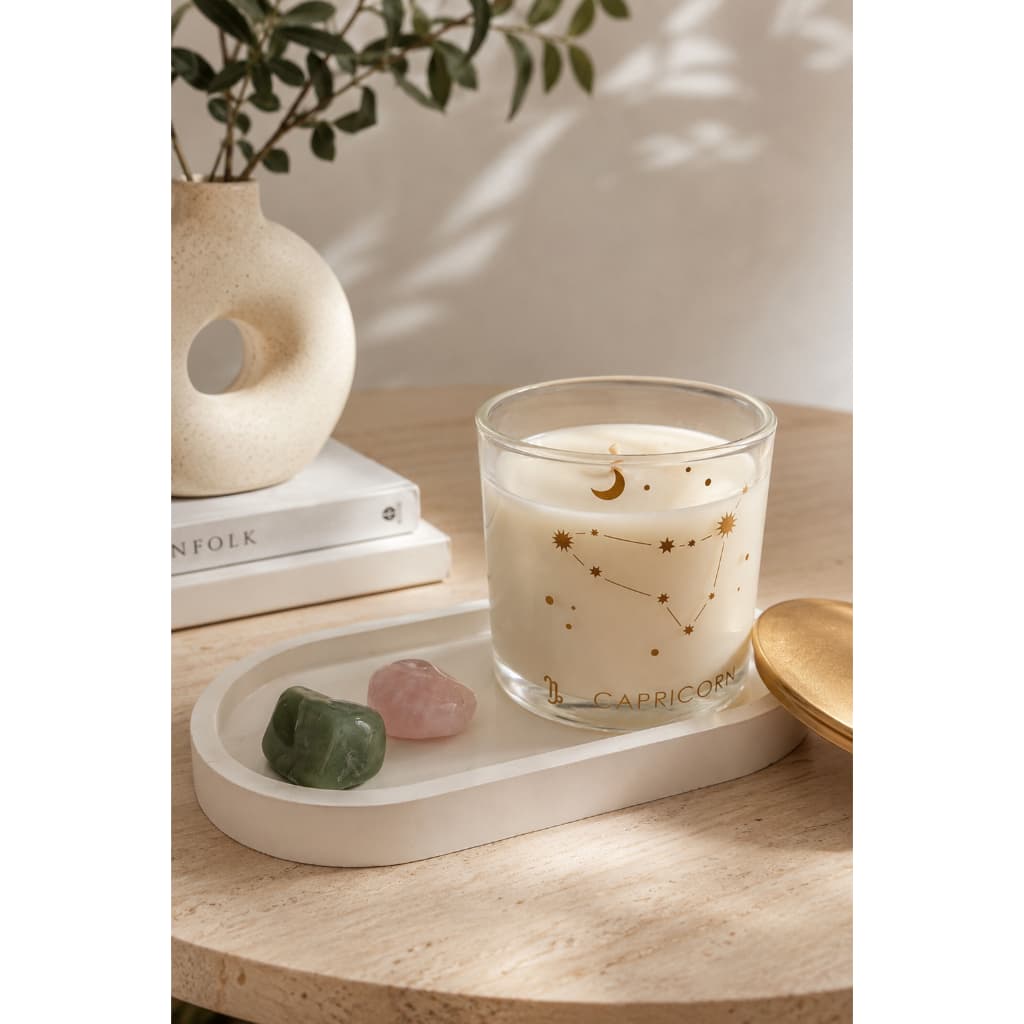 Kit Presente Vela Aromática Signos com Bandeja Decorativa e Quartzos Rosa e Verde 180g Lavanda