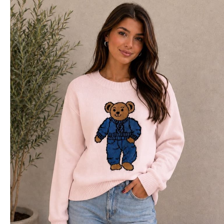 Blusa Tricot Modal Feminina Ursinho Bear Moda Mousse Gola Redonda Quentinha Manga Longa Inverno Confortável Sueter Frio