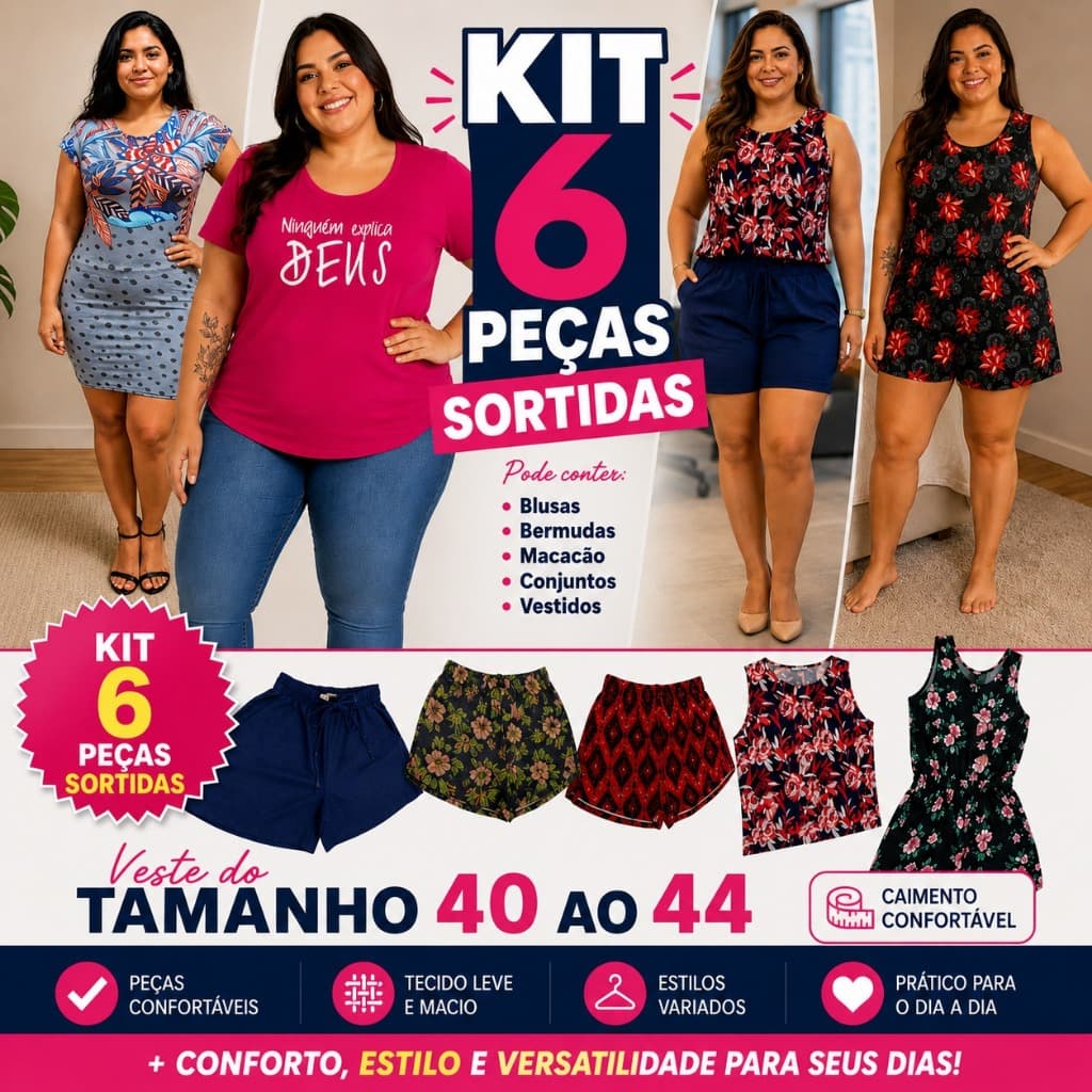 6 Peças de Roupas Femininas Diversas Estampadas Bermuda Blusa Vestido Moda Jovem
