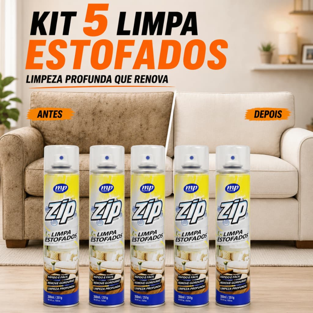 Kit 05 Unidades Espuma Spray  Zip Clean 300ml Limpeza a Seco Limpa Sofá, Estofados,  Banco de Carro