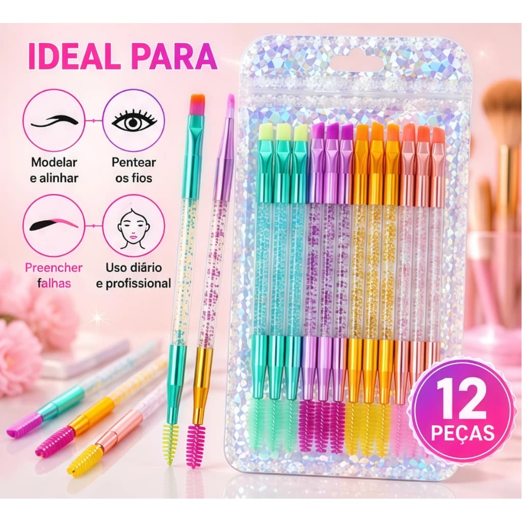 Kit 12 Pincel Para Sobrancelhas Duplo Escova e Chanfrado