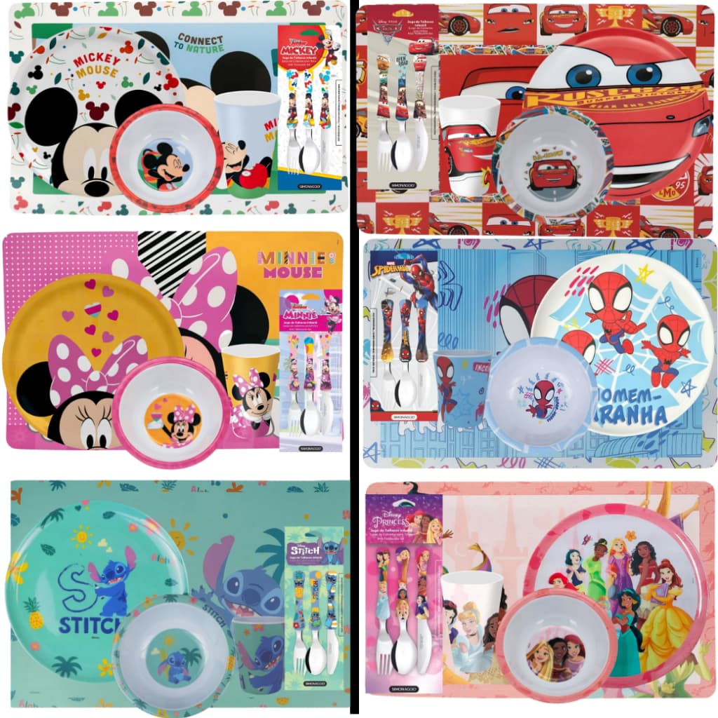 Kit Prato Raso+Talher+Bowl+Copo+Jogo Americano Infantil Personagens Disney BPA Free Disney Homem Aranha Princesas Carros