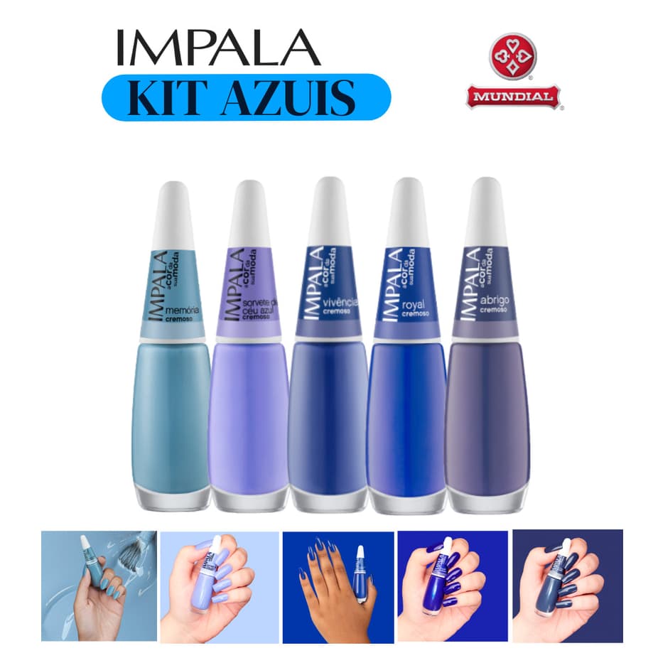 Kit 5 Esmaltes Azuis Impala 8ml Unhas Manicure