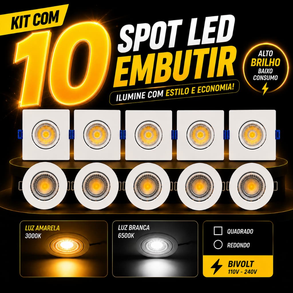 Kit 10 Luminária Spot Led 5W 7W Redondo Quadrado Embutido Branco Frio Quente 3000k 6500k Bivolt spot embutido teto gesso