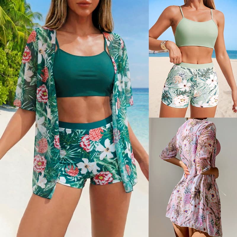 Conjunto de Biquíni 3 Peças Estampa Tropical Top Short e Saída de Praia Leve e Confortável Verão