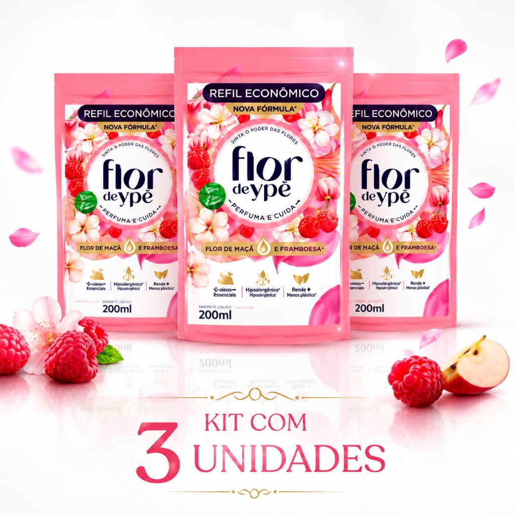 Sabonete Líquido Flor de Ype Maçã e Framboesa 200ml - Kit com 3