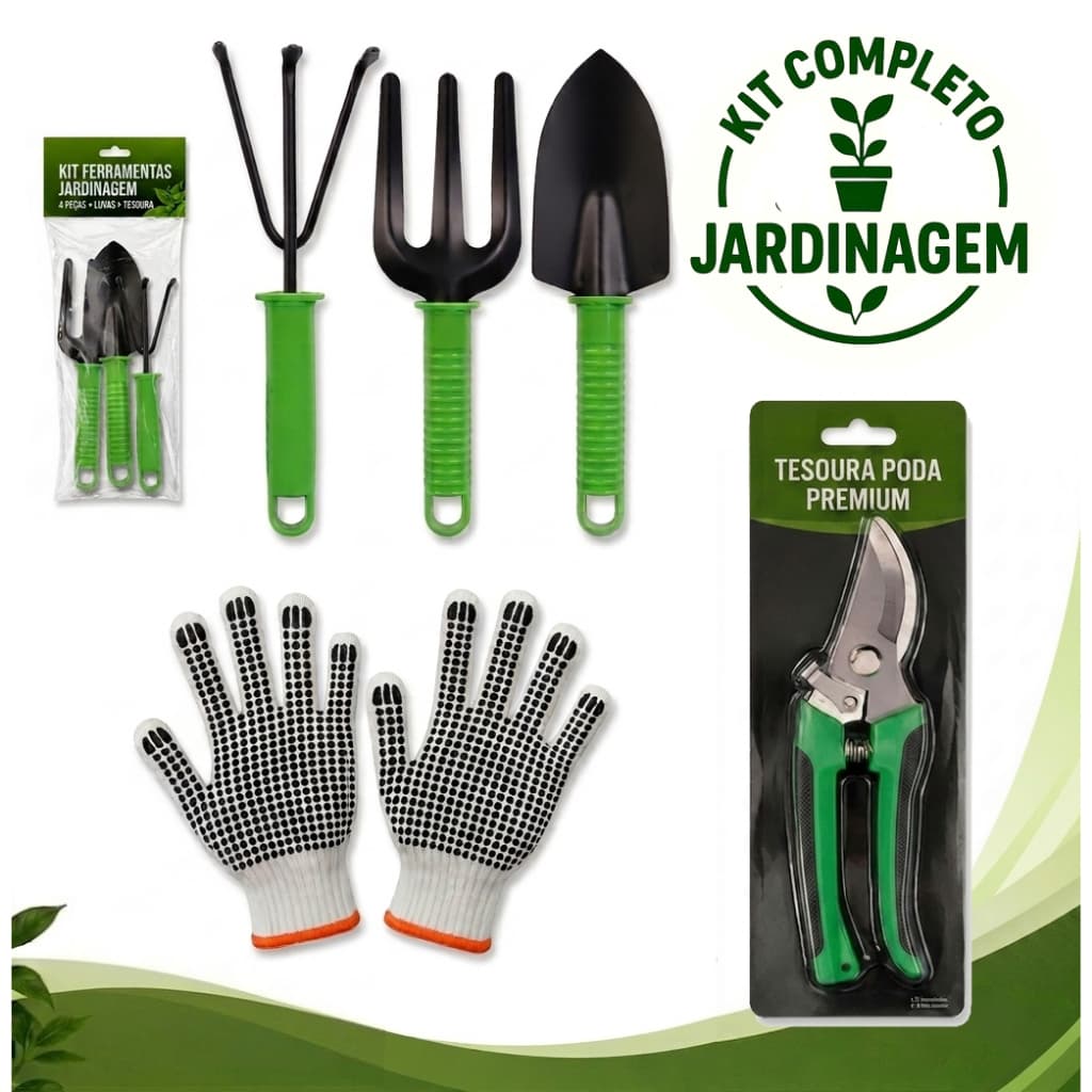 Kit 5 Peças Ferramentas Jardinagem Poda Jardim Serrote Pá Pazinha Jardineiro tesoura alicate