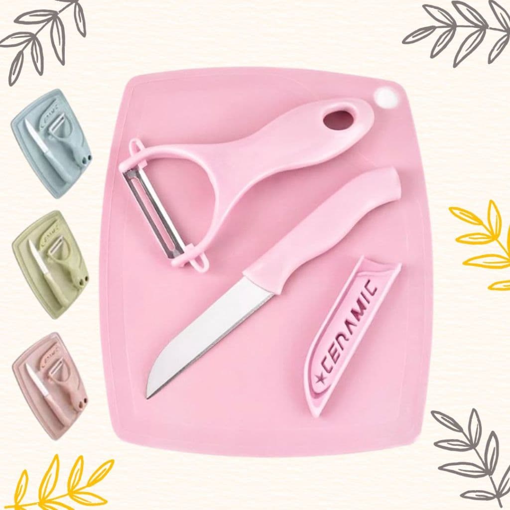Conjunto de Cozinha 3 Peças Descascador Tábua Corte Plástico Faca Legumes Frutas