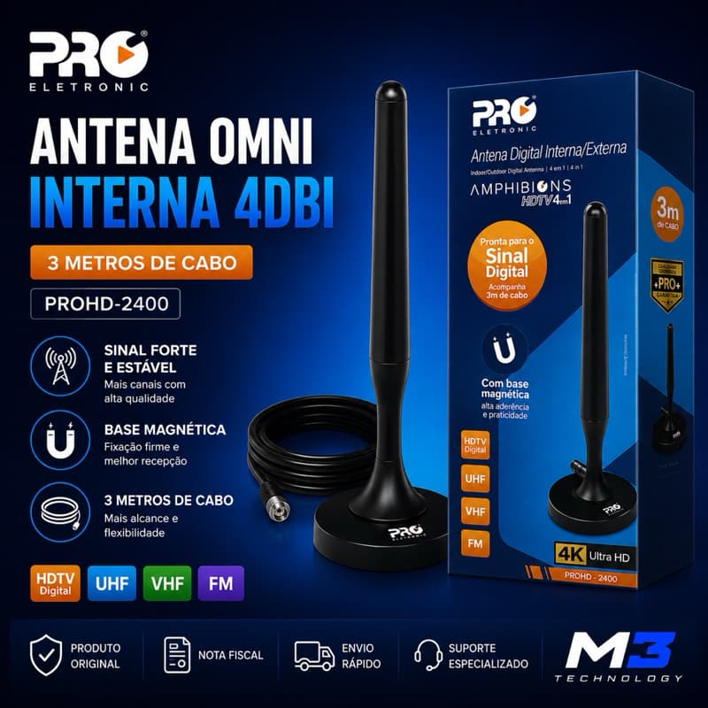 Antena Digital Interna Externa HDTV 4K UHF VHF FM 4dBi 3m Base Magnética PROHD-2400