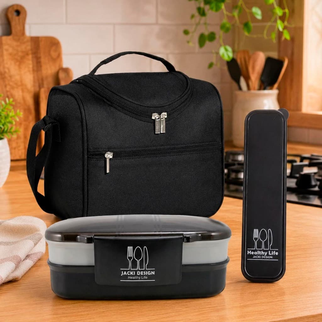 Kit Completão Bolsa Térmica + Marmita 1100ml ou 950ml + Porta Talher Jacki com Alça Dupla Academia