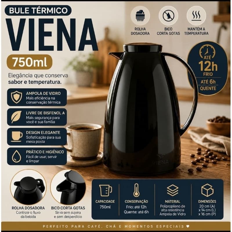 Bule Térmico Viena 750ml Com Ampola de Vidro | Rolha Dosadora | Bico Corta Gotas | Conserva Quente e Frio | Preto