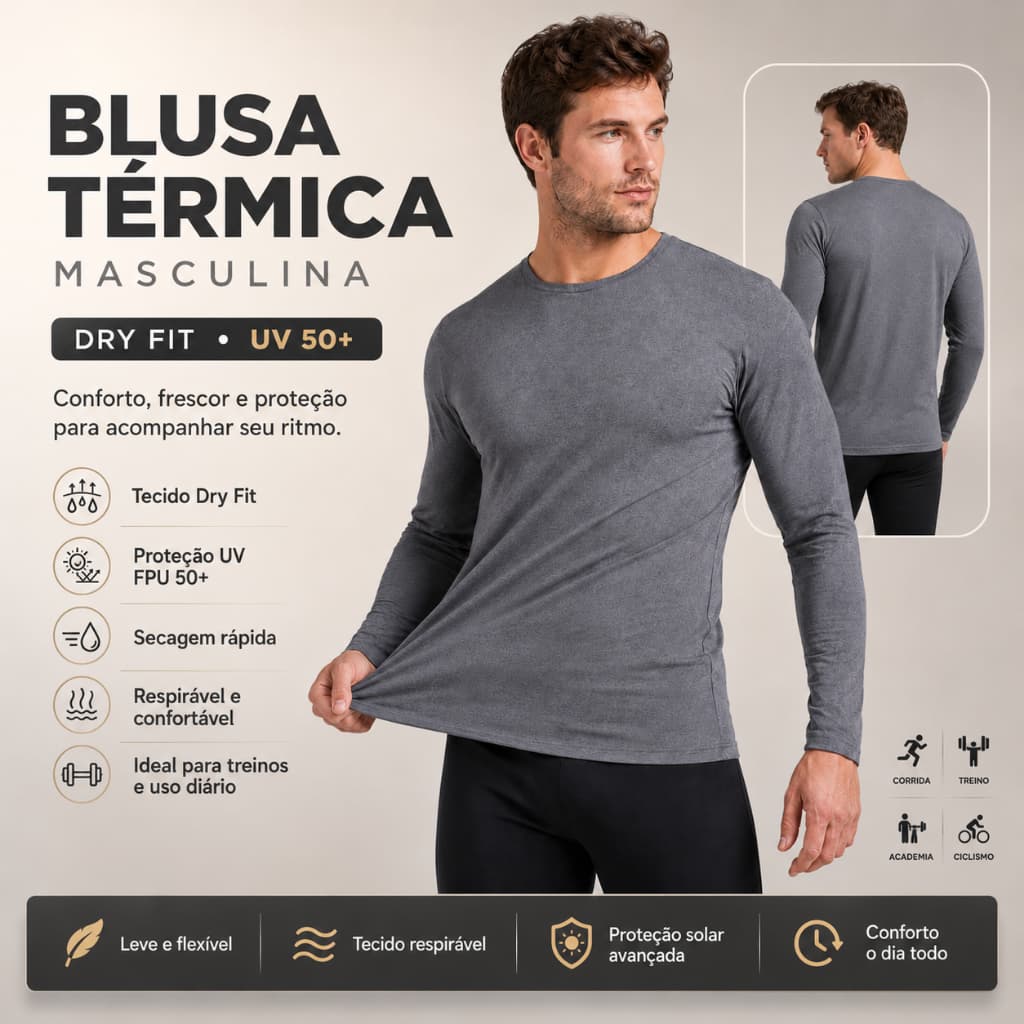 Camisa Térmica Proteção Uv 50+ Segunda Pele Camiseta Malha Fria Academia Manga Longa Lisa