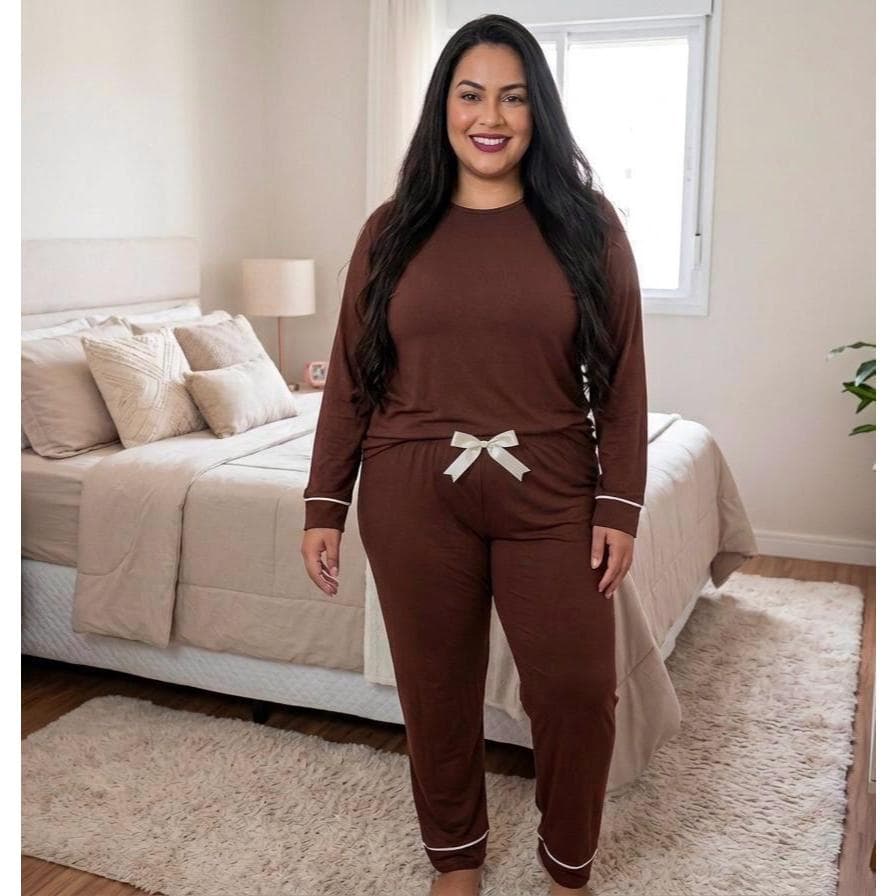 Pijama Feminino Plus Size Suede Soft Calça Longa Manga Longa Conjunto de Dormir 48 ao 52