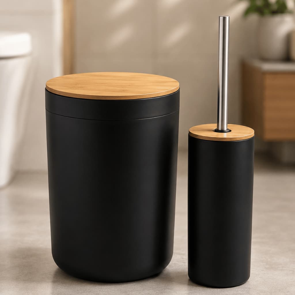 Kit Banheiro Lixeira 5L Escova Sanitária Bambu Organizador 2 Peças Completo