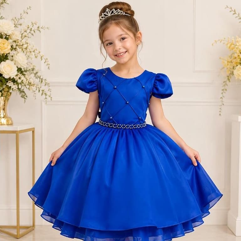 Vestido Daminha de Honra Infantil Azul Royal Luxo Com Saia Rodada e Detalhes em Pérolas