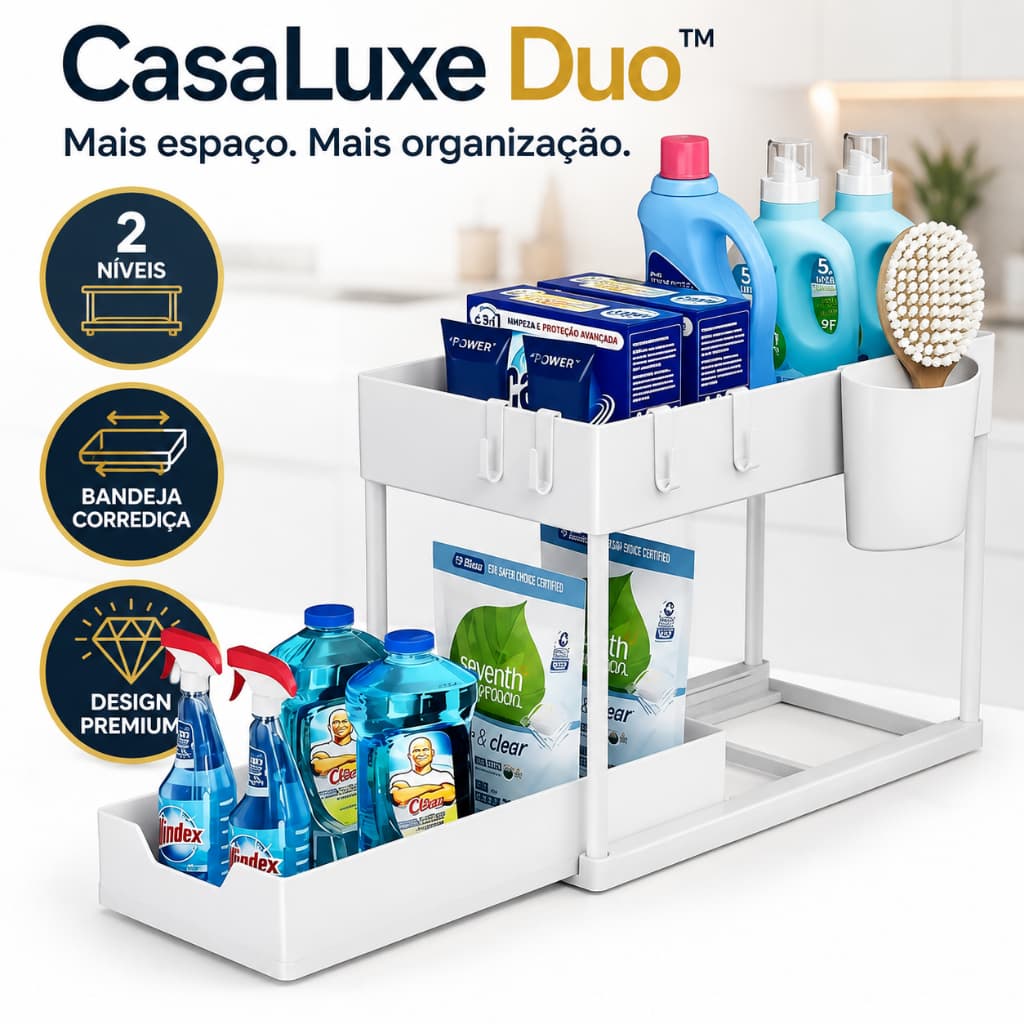 Organizador Multiuso 2 Níveis Bandeja Corrediça Organizador de Armário Cozinha Banheiro Lavanderia Branco CasaLuxe Duo