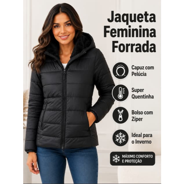 Jaqueta Feminina Puffer Apeluciada Forrada com Pelúcia com forro