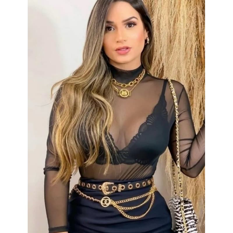 Body Tule Feminino  Preto Marrom  Transprente Com Golaa